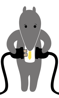 Peter the Anteater connecting two electrical cords.