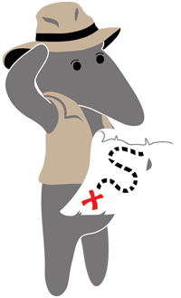 Peter the Anteater, dressed as Indiana Jones, studying a map