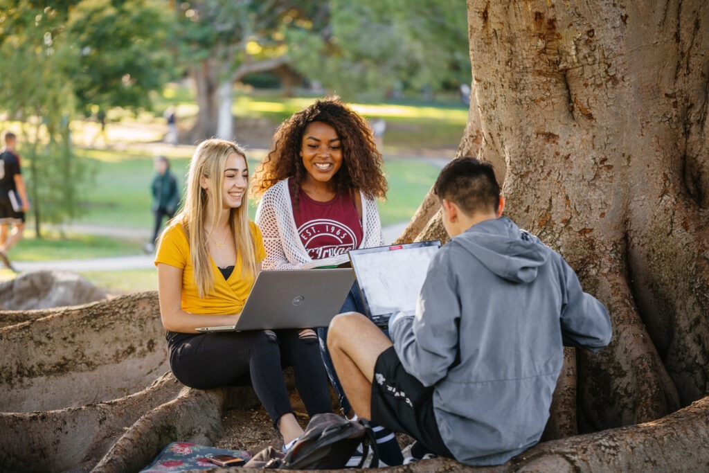 3 UCI students sitting under a tree in Aldrich Park