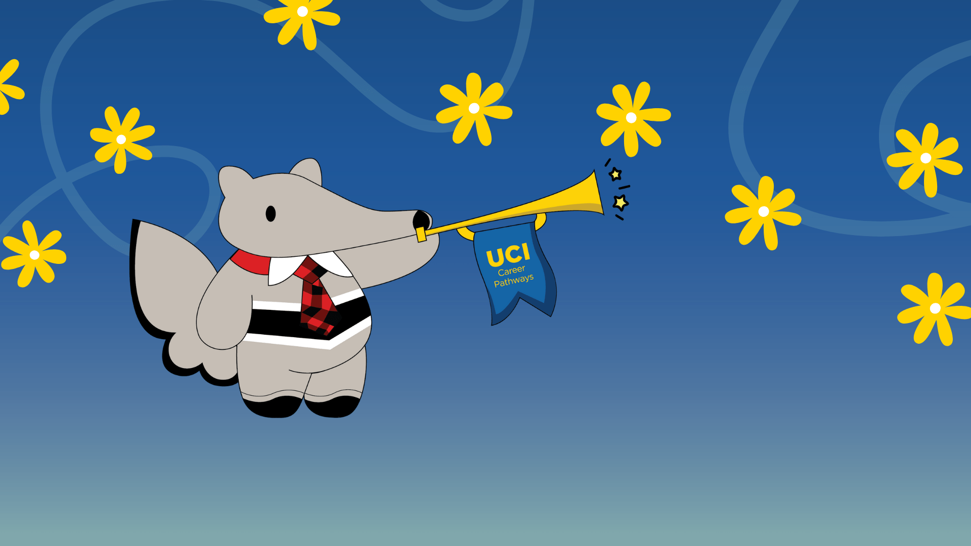Peter the Anteater illustration blowing a horn with a UCI Career Pathways flag