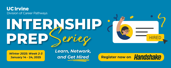 2025 Internship Prep Series Handshake Banner 600x240 (2) Blue banner with illustration of person with hand in the air to symbolize they got hired for a job