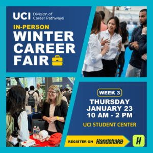 winter career fair graphic with people networking and talking to each other